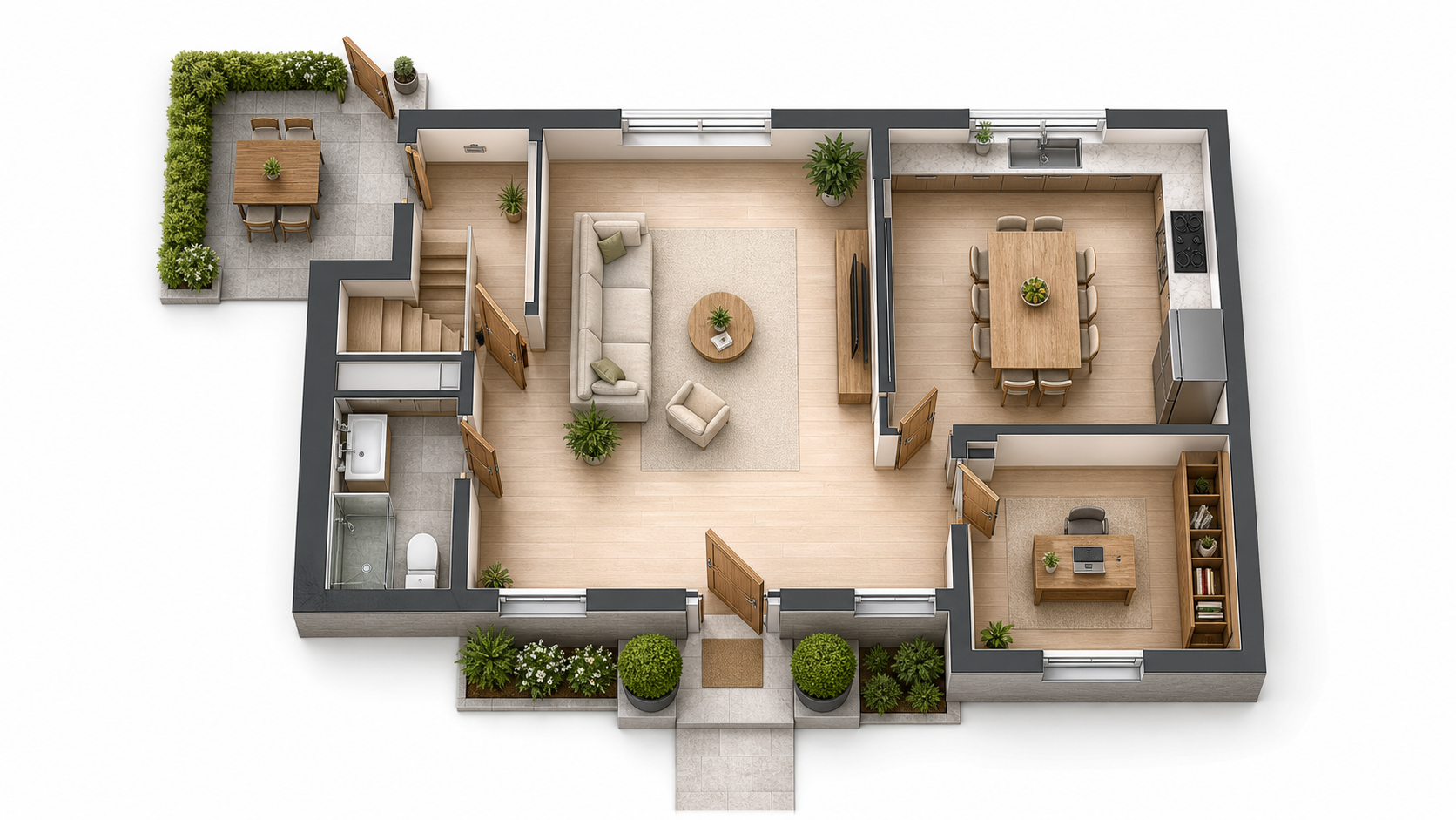 2 Buttons + 1 Receiver reference floor plan for Front Door Plus Back Door, Shop Front Plus Service Entrance