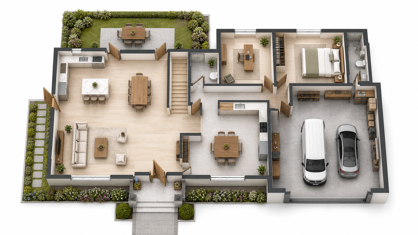 3 Buttons + 3 Receivers reference floor plan for Warehouse, Multi-Entry Office, Larger Commercial Space